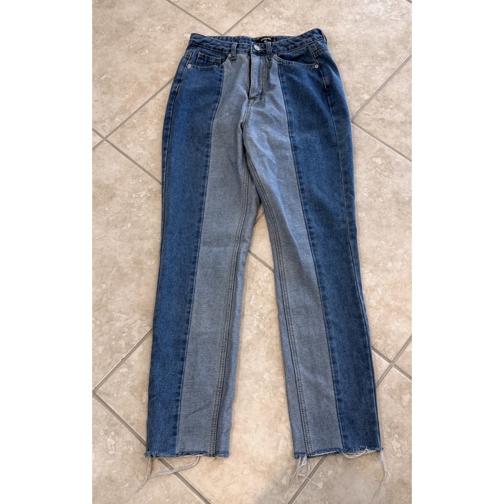 Missguided Two Tone Patchwork Jeans High Waisted Straight Leg Blue Denim US 4